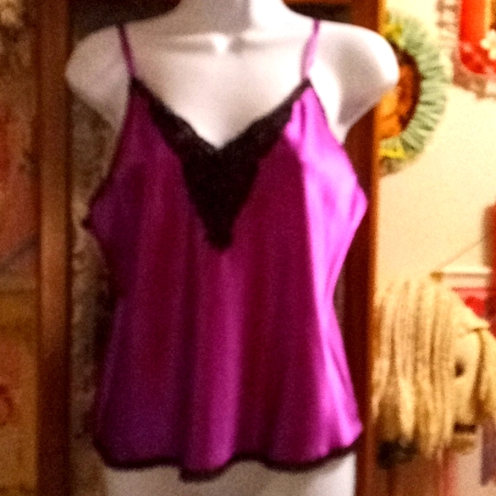 NWOT,Vintage 90s,Sexy,Royal-Purple,Cami with Black Lace Trim/Sparkly Bead Detail